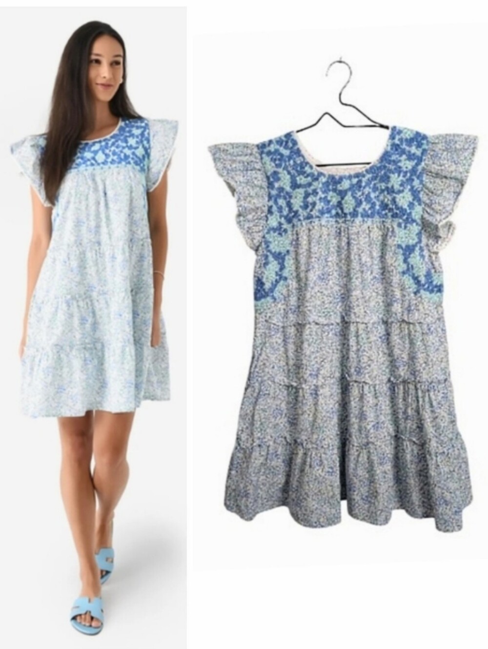 J. Marie The Meadows Mini Dress Sz M Blue Floral Embroidered Flutter Sleeve Cute